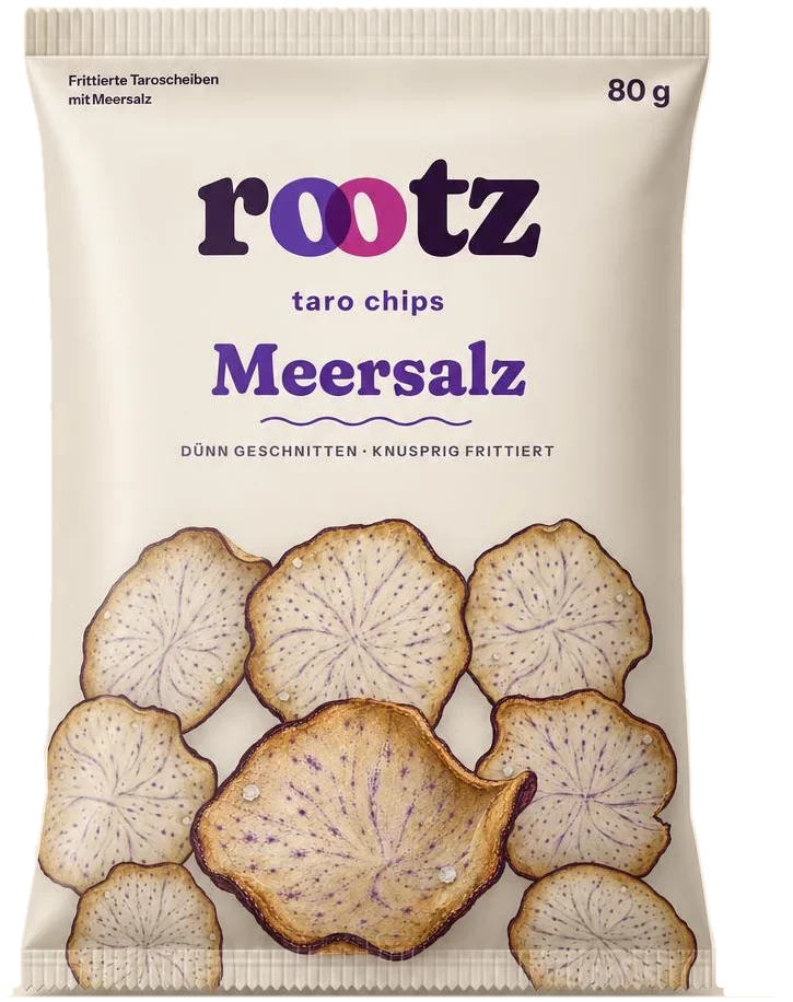 Ein Beutel ROOTZ Taro-Chips Meersalz, 80 g