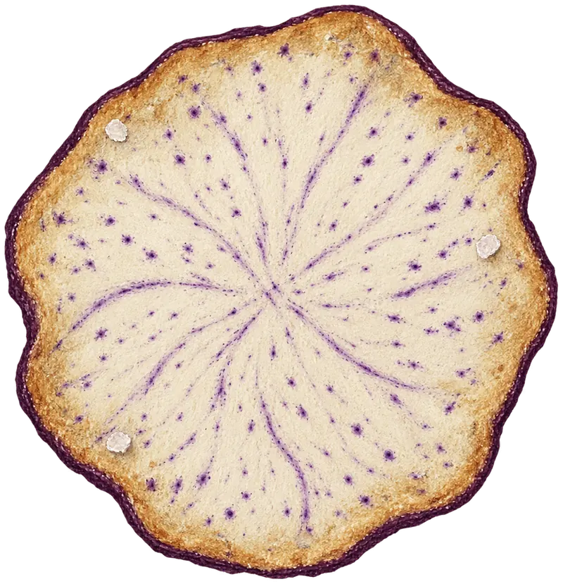 Ein einzelner Taro-Chip von oben: hell, mit feinen violetten Adern und goldenem Rand