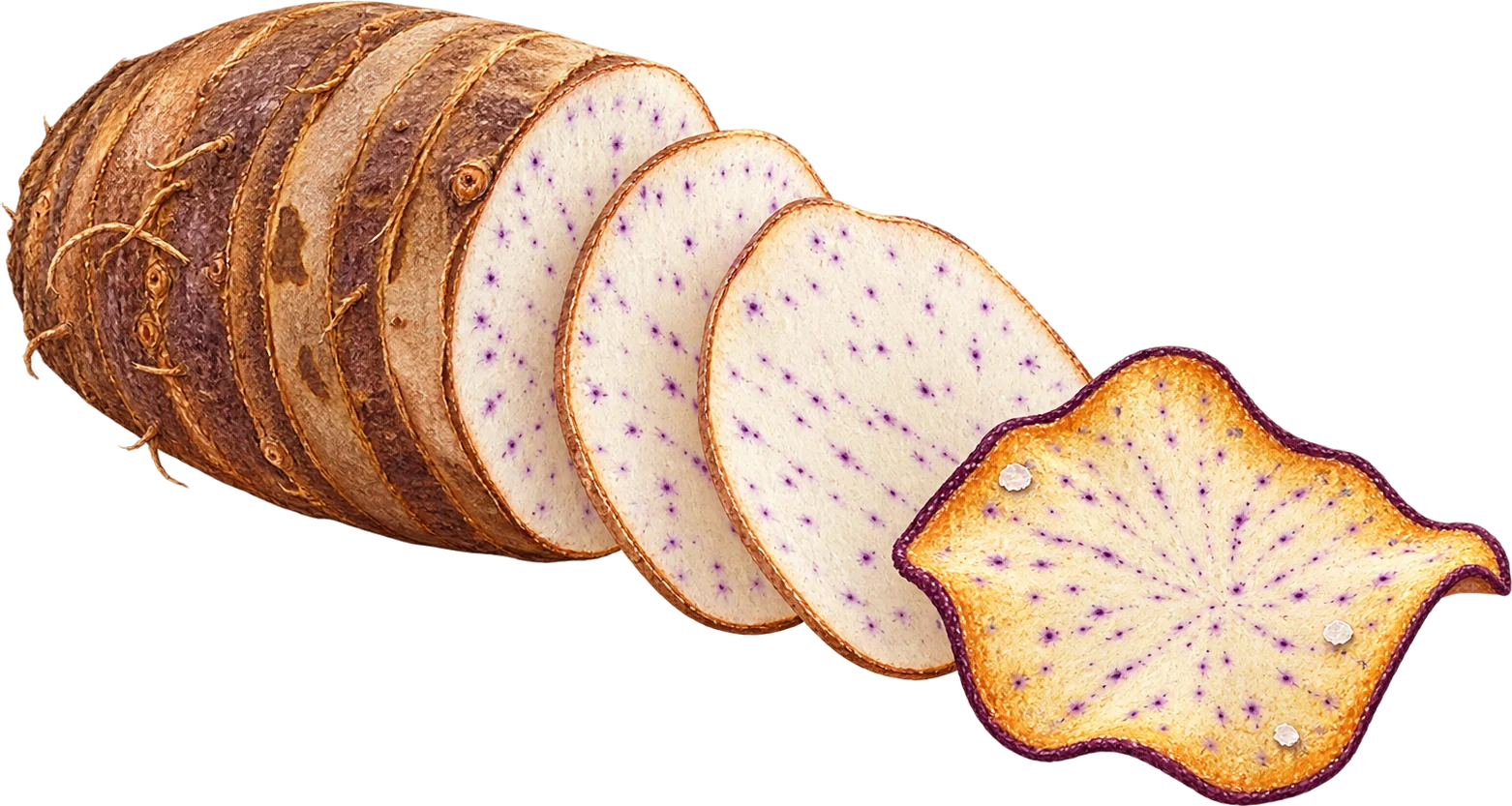 Zeichnung: eine Taroknolle, die in dünne Scheiben geschnitten wird, die letzte Scheibe ist ein goldener Chip